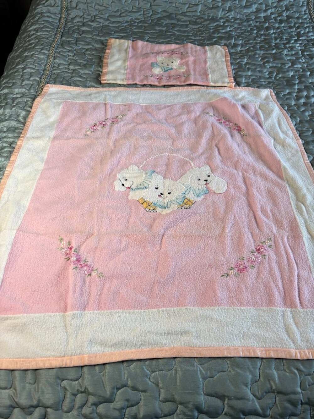Vintage Hand Embroidered Pink Crib Blanket & Matching Pillowcase w/ Puppies